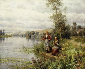 Plattelandsvrouwen Vissen op een Zomermiddag door Louis Aston Knight