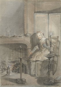 Interieur met een wolkluwende jonge vrouw door Louis Aubert