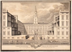 Christiansbourg Palais de Copenhague. Doorsnede van de grote gevel van de ingang van de eerste binnenplaats door Louis Auguste Le Clerc
