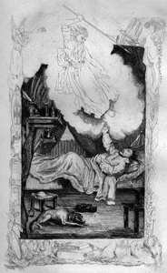 Omdat je je niet hebt bekeerd, zul je sterven... gravure naar de tekening van M. de Sainson voor het boek van Daniel Defoe 