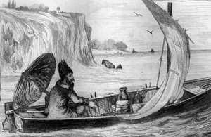 Ik werd door de stroom meegesleurd gravure naar de tekening van M. de Sainson voor het Boek van Daniel Defoe "Robinson Crusoe" Franse editie van 1837 door Louis Auguste de Sainson