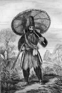 Ik droeg een hoed van een hoogte... gravure naar de tekening van M. de Sainson voor het boek van Daniel Defoe 