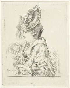 Portret van een jonge dame met hoed in profiel naar links