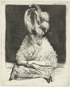 Portret van een jonge vrouw met hoed die uit het raam kijkt door Louis Bernard Coclers
