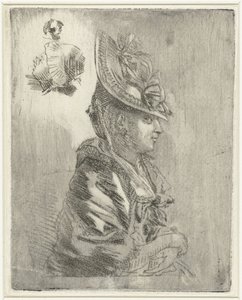 Studieblad met het portret van een jonge vrouw met hoed en twee kleinere portretten door Louis Bernard Coclers