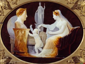 De keizerin Marie Louise die de eerste stappen van de koning van Rome Napoleon II, hertog van Reichstadt (1811-1832), zoon van keizer Napoleon I (1769-1821), begeleidt, voor het borstbeeld van zijn vader Porseleinen plaat door Louis Bertin Parant (1768-185
