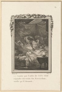De hongersnood door het bevel van Ceres komt zijn gif verspreiden over Eresicthon, terwijl hij sliep door Louis Binet after Jean Michel Moreau