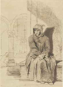 Zittende monnik, in overpeinzing, terwijl op de achtergrond de mis wordt gecelebreerd door Louis Boulanger