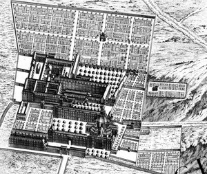 Het ziekenhuis van La Salpêtrière, detail van het Plan van Parijs, bekend als het Plan de Turgot, gegraveerd door Claude Lucas, 1734-39 gravure (detail)