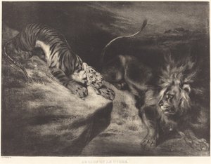 De leeuw en de tijger door Louis Candide Boulanger after Eugène Delacroix