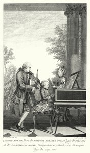 Leopold Mozart speelt muziek met zijn dochter Marianne en zoon Wolfgang (gravure) door Louis Carrogis (after) Carmontelle