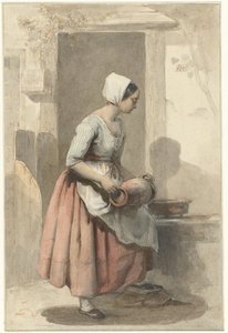 Meisje met een kruik bij de ingang van een woning door Louis Chantal