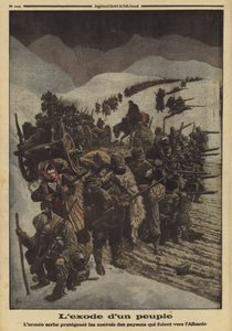 Exodus van een volk: het Servische leger beschermt een colonne boeren die naar Albanië vluchten, Eerste Wereldoorlog door Louis Charles (after) Bombled