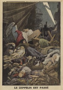 Familie gedood bij een bombardement door een Duitse Zeppelin, Eerste Wereldoorlog, 1916 door Louis Charles (after) Bombled