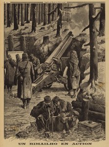 Frans leger Rimailho snelvuur middelzware houwitser in actie, Eerste Wereldoorlog door Louis Charles (after) Bombled