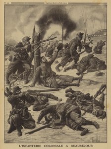 Franse koloniale infanterie vecht bij Beausejour, Eerste Wereldoorlog door Louis Charles (after) Bombled