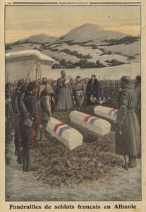 Begrafenis van Franse soldaten die stierven in Albanië tijdens de terugtocht uit Servië, Eerste Wereldoorlog door Louis Charles (after) Bombled