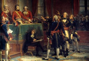 De drie consuls: Bonaparte, Cambacérès en Lebrun ontvangen de eden van presidenten. Rechts Emmanuel-Joseph Sieyès (1748-1836) en Pierre-Roger Ducos (1747-1816). Schilderij door Louis Charles Auguste Couder door Louis Charles Auguste Couder
