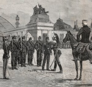 Degradatie van Alfred Dreyfus - Dreyfus-affaire: De degradatie van Alfred Dreyfus in de binnenplaats van de Militaire School Parijs, 5 januari 1895. Gravure in 