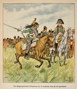 Illustratie van Bombled Louis (1862-1927) door Graaf Emmanuel de Las Cases (1766-1842): een draak waarschuwt de keizer voor het verraad van een van zijn generaals tijdens de Slag bij Waterloo in juni 1815, Privécollectie
