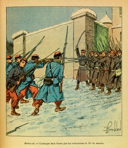 Januari 1871, Hericourt, de Franse vrijwilligers van de 57e marche in de aanval op een boerderij
