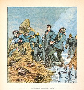 Het leger van de Loire door Eugene Sergent, alias Grenest, geïllustreerd door Louis Bombled (1862-1927) (Frans-Duitse Oorlog; campagne van 1870-1871): Pruisen verbranden hun doden tijdens de oorlog van 1870, Privécollectie door Louis Charles Bombled