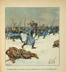 Het leger van de Loire door Eugene Sergent, alias Grenest, geïllustreerd door Louis Bombled (1862-1927) (Frans-Duitse Oorlog; campagne van 1870-1871): Slag bij Le Mans, januari 1871, de jager Martin van het 10e bataljon laat zijn bajonet in het lichaam van