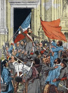 Proclamatie van de Tweede Republiek, Revolutie van 1848: Alphonse de Lamartine (1790-1869), weigert de rode vlag als het embleem van de Republiek en verkiest de driekleurige vlag, tijdens een toespraak in het stadhuis van Parijs, 25 februari