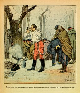Het Oostelijke Leger van Eugene Sergeant, geïllustreerd door Louis Bombled (1862-1927): Kapitein Gaucher geeft zelfs midden in de winter niet op met de zorg voor zijn toilet, Privécollectie