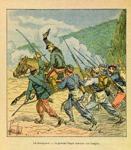 Het Oostelijke Leger van Eugene Sergeant, bekend als Grenest, geïllustreerd door Louis Bombled (1862-1927) (Frans-Duitse Oorlog; campagne van 1870-1871): Generaal Dupre aan het hoofd van zijn mannen bij de Slag om La Bourgonce in oktober 1870, Privécollect