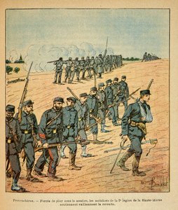 Het Oostelijke Leger van Eugene Sergeant, geïllustreerd door Louis Bombled (1862-1927): In Provenchères, de gemobiliseerden van het 2e Legioen van de Haute-Marne gedwongen zich terug te trekken onder het aantal vijanden door Louis Charles Bombled