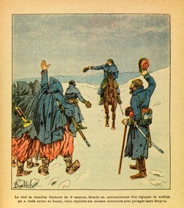 Het Oostelijke Leger van Eugene Sergeant, bekend als Grenest, geïllustreerd door Louis Bombled (1862-1927) (Frans-Duitse Oorlog; campagne van 1870-1871): De leider van de Barberet-bataljons van de 4e Zouaven, detacheringen om een regiment van mobiele troep