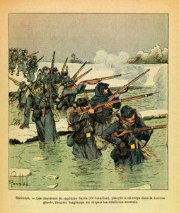 Januari 1871, Hericourt, de jagers van kapitein Sarda duiken half in het ijs van de Lisaine door Louis Charles Bombled
