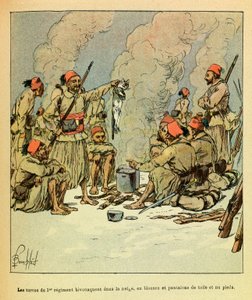 Januari 1871, de Turcos van het 1e regiment bivakkeren in de sneeuw, in blouses en canvas broeken en op blote voeten door Louis Charles Bombled