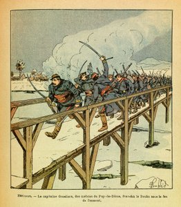 Het Oostelijke Leger van Eugene Sergeant, bekend als Grenest, geïllustreerd door Louis Bombled (1862-1927) (Frans-Duitse Oorlog; campagne van 1870-1871): Januari 1871, Hericourt, Kapitein Grosliers en motieven van de Puy de Dome steken de Doubs over onder  door Louis Charles Bombled