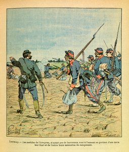 Het Oostelijke Leger van Eugene Sergeant, bekend als Grenest, geïllustreerd door Louis Bombled (1862-1927) (Frans-Duitse Oorlog; campagne van 1870-1871): Slag bij Lantenay in november 1870, de mobiele telefoons van Aveyron zonder haversakken gaan naar de v