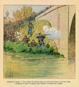 Het Oostelijke Leger van Eugene Sergeant, bekend als Grenest, geïllustreerd door Louis Bombled (1862-1927) (Frans-Duitse Oorlog; campagne van 1870-1871): De mobiele telefoons van Hautes Alpes helpen het bataljon van de Vogezen tijdens de gevechten van Cuss door Louis Charles Bombled