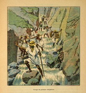De oorlog in Madagaskar-Anekdotische geschiedenis van de Franse expedities van 1885-1895 door Henri Galli alias Galllichet (1854-1922), geïllustreerd door Louis Bombled (1862-1927): Malagassische dragers in 1895, Privécollectie door Louis Charles Bombled