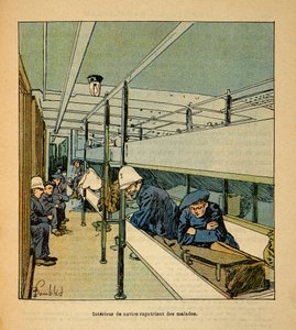 De oorlog in Madagaskar-Anekdotische geschiedenis van de Franse expedities van 1885-1895 door Henri Galli alias Galllichet (1854-1922), geïllustreerd door Louis Bombled (1862-1927): Interieur van een hospitaalschip dat zieke soldaten repatrieert, Privécoll door Louis Charles Bombled