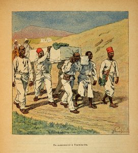 De oorlog in Madagaskar-Anekdotische geschiedenis van de Franse expedities van 1885-1895 door Henri Galli alias Galllichet (1854-1922), geïllustreerd door Louis Bombled (1862-1927): Begrafenis van een soldaat in Tsarasaotra in 1895, Privécollectie door Louis Charles Bombled