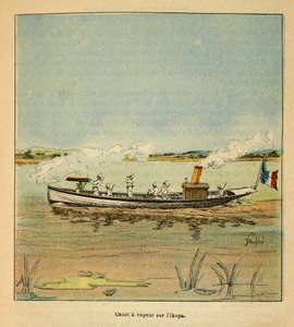 De oorlog in Madagaskar-Anekdotische geschiedenis van de Franse expedities van 1885-1895 door Henri Galli alias Galllichet (1854-1922), geïllustreerd door Louis Bombled (1862-1927): Franse kanonneerboot op de Ikopa-rivier in Madagaskar in 1895, Privécollec door Louis Charles Bombled