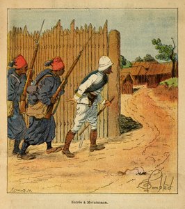 De oorlog in Madagaskar-Anekdotische geschiedenis van de Franse expedities van 1885-1895 door Henri Galli alias Galllichet (1854-1922), geïllustreerd door Louis Bombled (1862-1927): Franse troepen betraden het dorp Mevatanana in 1895, Privécollectie