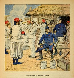 De oorlog in Madagaskar - Anekdotische geschiedenis van de Franse expedities van 1885-1895 door Henri Galli, geïllustreerd door Louis Bombled: Kantonnement van het Algerijnse regiment tijdens de Franse expeditie naar Madagaskar in 1895 door Louis Charles Bombled