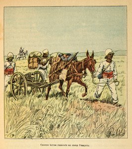 De oorlog in Madagaskar - Anekdotische geschiedenis van de Franse expedities van 1885-1895 door Henri Galli, geïllustreerd door Louis Bombled: Hovas kanonnen teruggebracht naar het Franse kamp door Louis Charles Bombled