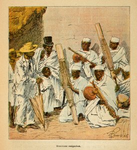 De oorlog in Madagaskar - Anekdotische geschiedenis van de Franse expedities van 1885-1895 door Henri Galli, geïllustreerd door Louis Bombled: Malagassische muzikanten in de 19e eeuw door Louis Charles Bombled