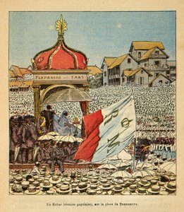 De oorlog in Madagaskar - Anekdotische geschiedenis van de Franse expedities van 1885-1895 door Henri Galli, geïllustreerd door Louis Bombled: Een Kabar (populaire bijeenkomst) op het Tananarive-plein in de 19e eeuw in aanwezigheid van de koningin door Louis Charles Bombled