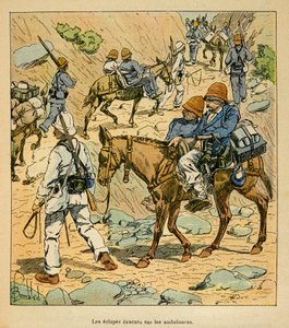 De oorlog in Madagaskar - Anekdotische geschiedenis van de Franse expedities van 1885-1895 door Henri Galli, geïllustreerd door Louis Bombled: De Eclopes van het leger ontsnappen op noodambulances in Madagaskar