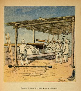 De oorlog in Madagaskar - Anecdotische geschiedenis van de Franse expedities van 1885-1895 door Henri Galli, geïllustreerd door Louis Bombled: Trommels van 14 stuks in het fort van Tamatave in 1895, privécollectie