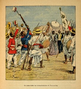 De oorlog in Madagaskar - Anecdotische geschiedenis van de Franse expedities van 1885-1895 door Henri Galli, geïllustreerd door Louis Bombled: Koningin Ranavalona bezoekt de loopgraven van Tananarive in 1895, privécollectie
