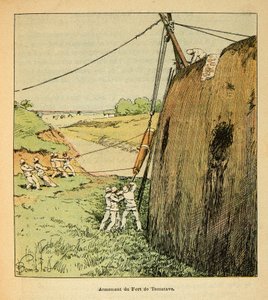 De oorlog in Madagaskar - Anecdotische geschiedenis van de Franse expedities van 1885-1895 door Henri Galli, geïllustreerd door Louis Bombled: Bewapening van het fort van Tamatave door Franse troepen in 1895, privécollectie door Louis Charles Bombled